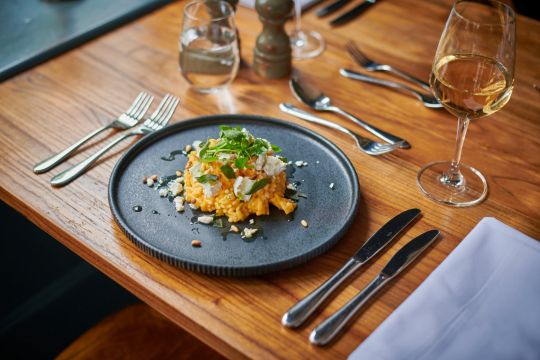 Summer squash & goats’ cheese risotto, toasted pine nuts, crushed crispy sage