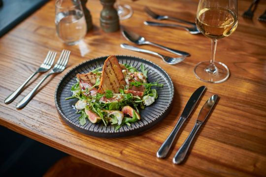 Parma ham, fig & buffalo mozzarella salad, rocket, sourdough shards, aged balsamic, Arbequina special branch oil